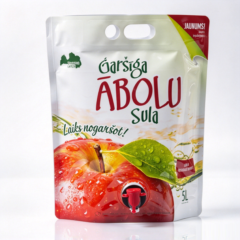 Custom Printed 5L Stand‑up BIB Bag‑in‑Box Pouch with Butterfly Tap & Die Cut Handle for Apple Fruit Juice Beverage Packaging