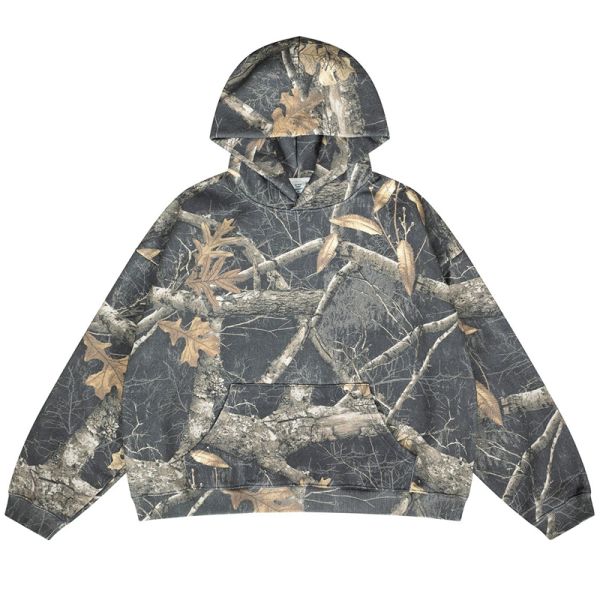 Support Customized 500GMS Autumn Winter 100% Cotton Vintage Fleece Washed Jersey Oversized Hoodie Full Printed Branches