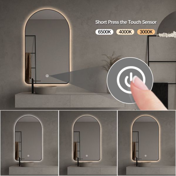 Gold Aluminum Frame LED Bathroom Mirror Anti Fog Touch Sensitive Mirror Arched LED Back Light Mirror