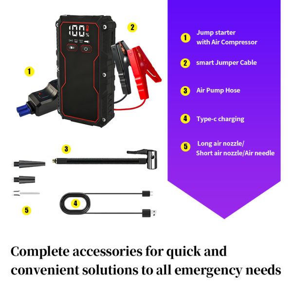Portable 6-in-1 Jump Starter with Air Compressor 150PSI Tire Inflator Power Bank LED Flashlight SOS 12V Car Battery Booster for All Gas Vehicles