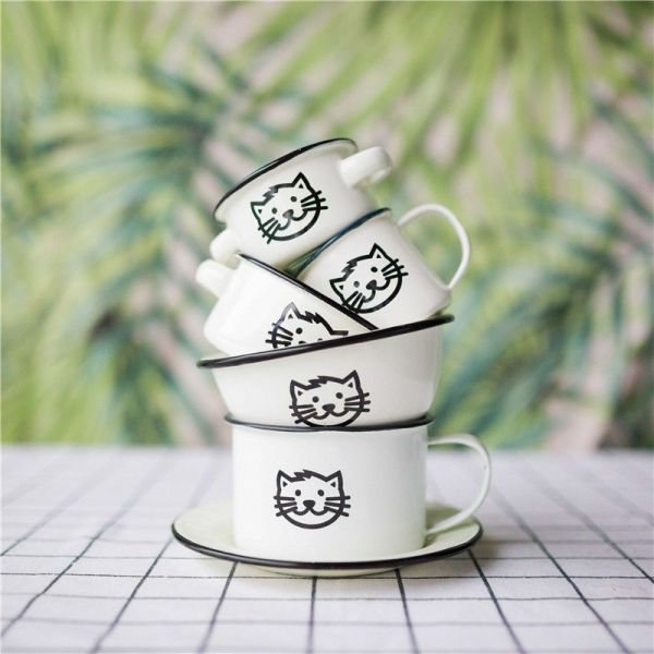 Handmade Kids Enamel Dinnerware Set Plate Mug Rice Bowl Dish Set Lovely Cat Design