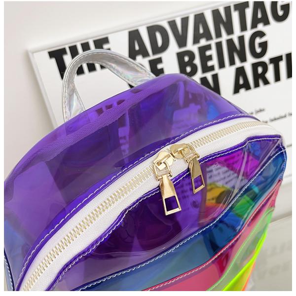 Stylish Transparent PVC Backpack Women's Jelly Stripe Stitching Rainbow Hologram for Daily