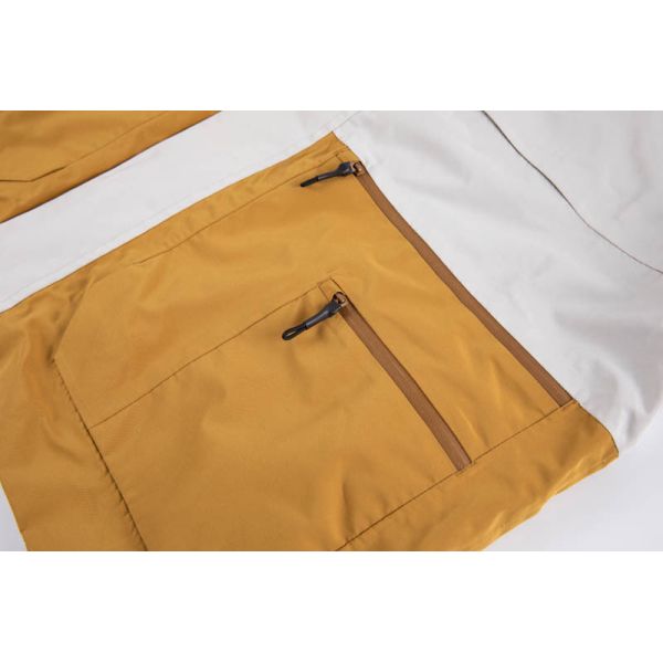 Waterproof Snowboard Jacket with Thermal Mesh Back Panel and Mauve White Mustard Colorblock Design