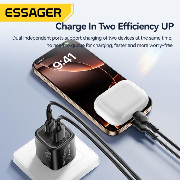 ESSAGER Usb A Usb C Travel Fast Phone Charger 20W PD3.0 QC4.0 Dual Port ES-CD54