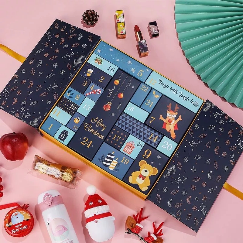 Double Door Christmas Advent Calendar Box Ribbon Tie Rigid Gift Packaging