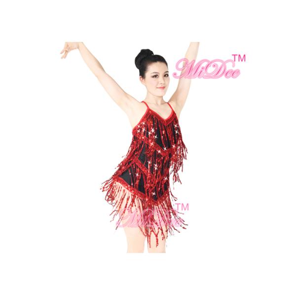 ODM Latin Dance Costumes Girl Sequin Tassels Red Dress Ballroom Dancing Dresses