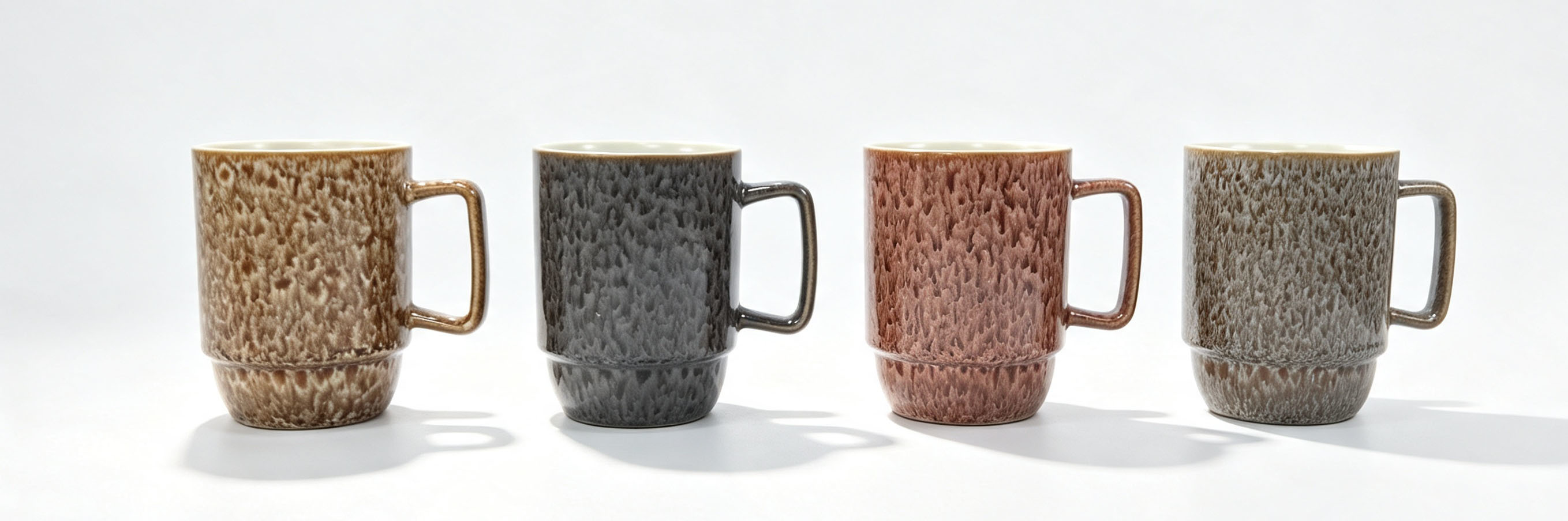 Set of 4 Stackable Speckled Reactive Glaze Ceramic Coffee Mugs, Vintage Rustic Textured Stoneware Drinking Cups with Square Handle, Microwave & Dishwasher Safe Earth Tone Tea Mugs