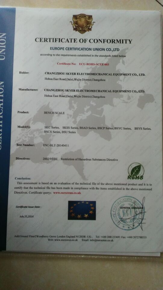 Changzhou Skyerscale Co.,Limited Certifications