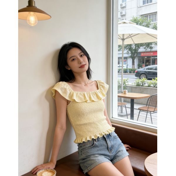 Summer Off-the-Shoulder Smocked Crop Top - Ruffle Trim in Burgundy, Yellow, Black & White
