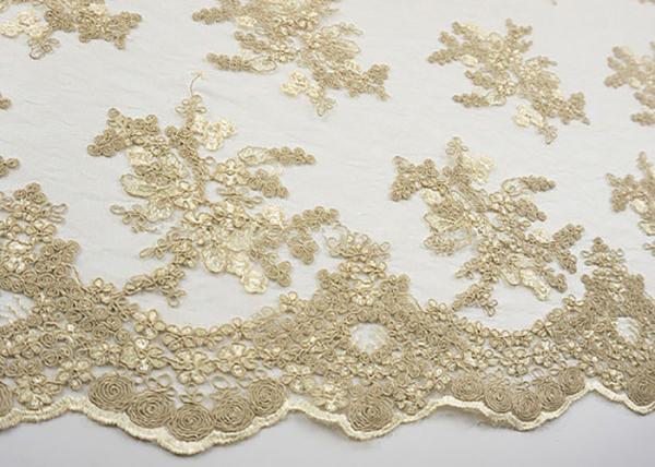 Golden Corded Floral Embroidered Tulle Fabric Scalloped Edge For Wedding Dresses