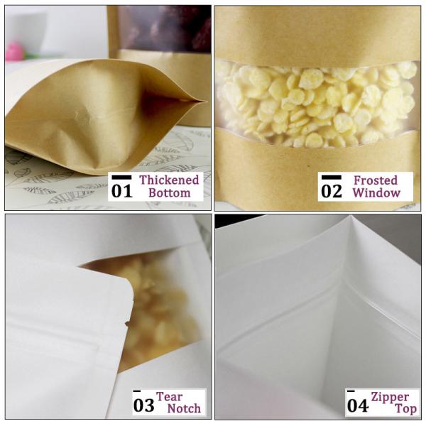 White Kraft Craft Paper Standing Up Pouches Food Packaging Zipper Bags With Window