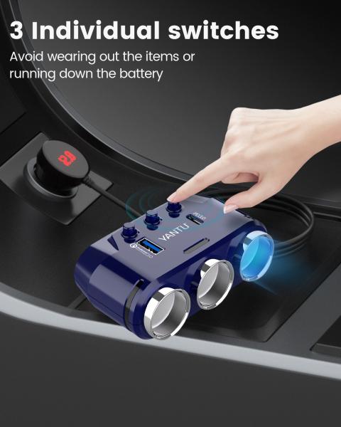 YANTU B39-C Mini Car Charger 3 Sockets 2 USB Ports 12V QC PD with Voltage Monitoring