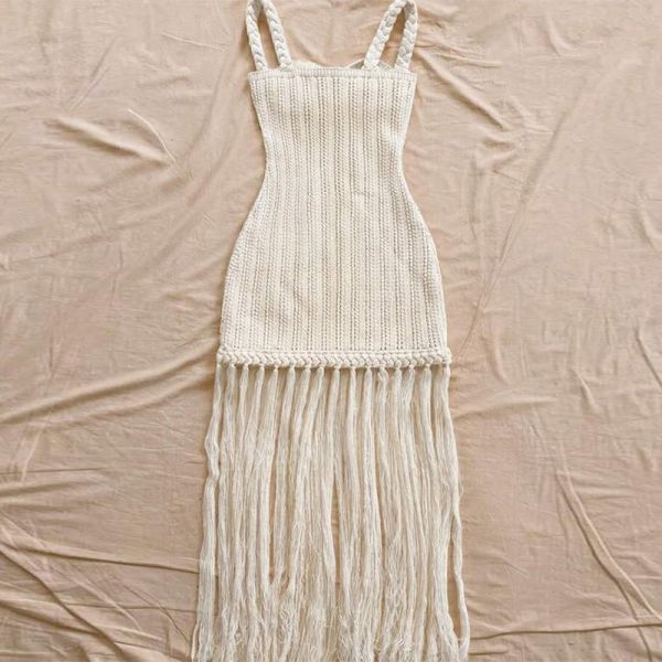 Bohemian Summer Dress with Handmade Braided Rope Trim in Flattering Tropical Orange Tone and Premium Light Sweater Knit