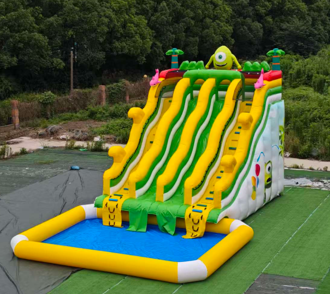 Cartoon Monster University Themed Inflatable Water Slide, Outdoor Tropical Palm Tree Inflatable Waterslide With Splash Pool For Kids Event Business