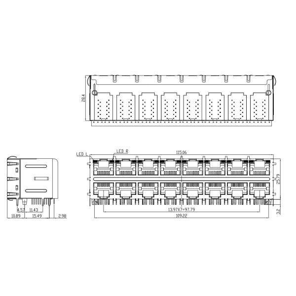 2 * 8 Port Magnetic RJ45 Jack Female Contact / Shield Material Copper Alloy