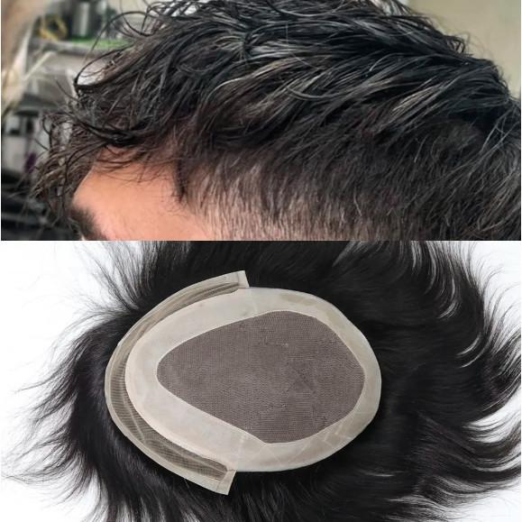 Mens Toupee Hairpiece Fine Mono Hair System Replacement Poly Skin Around with lace front Men Wig