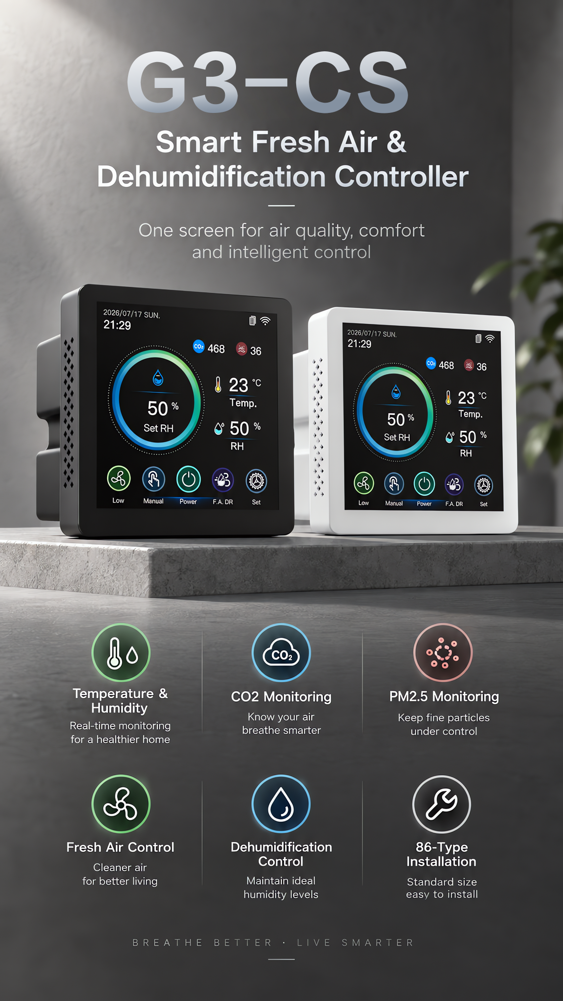 Indoor Microclimate Smart HVAC Controller with Fresh Air & Dehumidifier Combined Control and CO2 PM2.5 Humidity Monitor