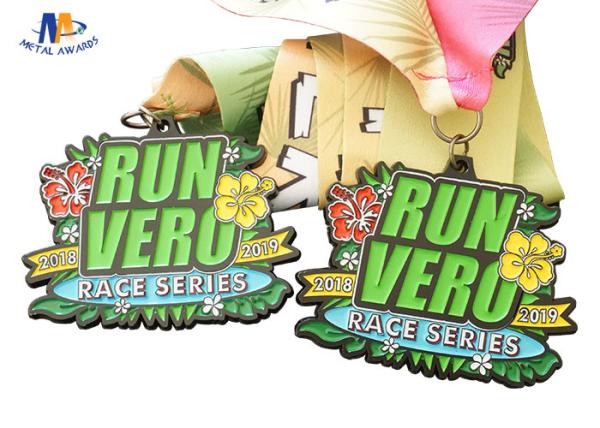 Die Cast Metal 5k Race Medals Black Nickle Plating Colors Filled With Sublimated Ribbon