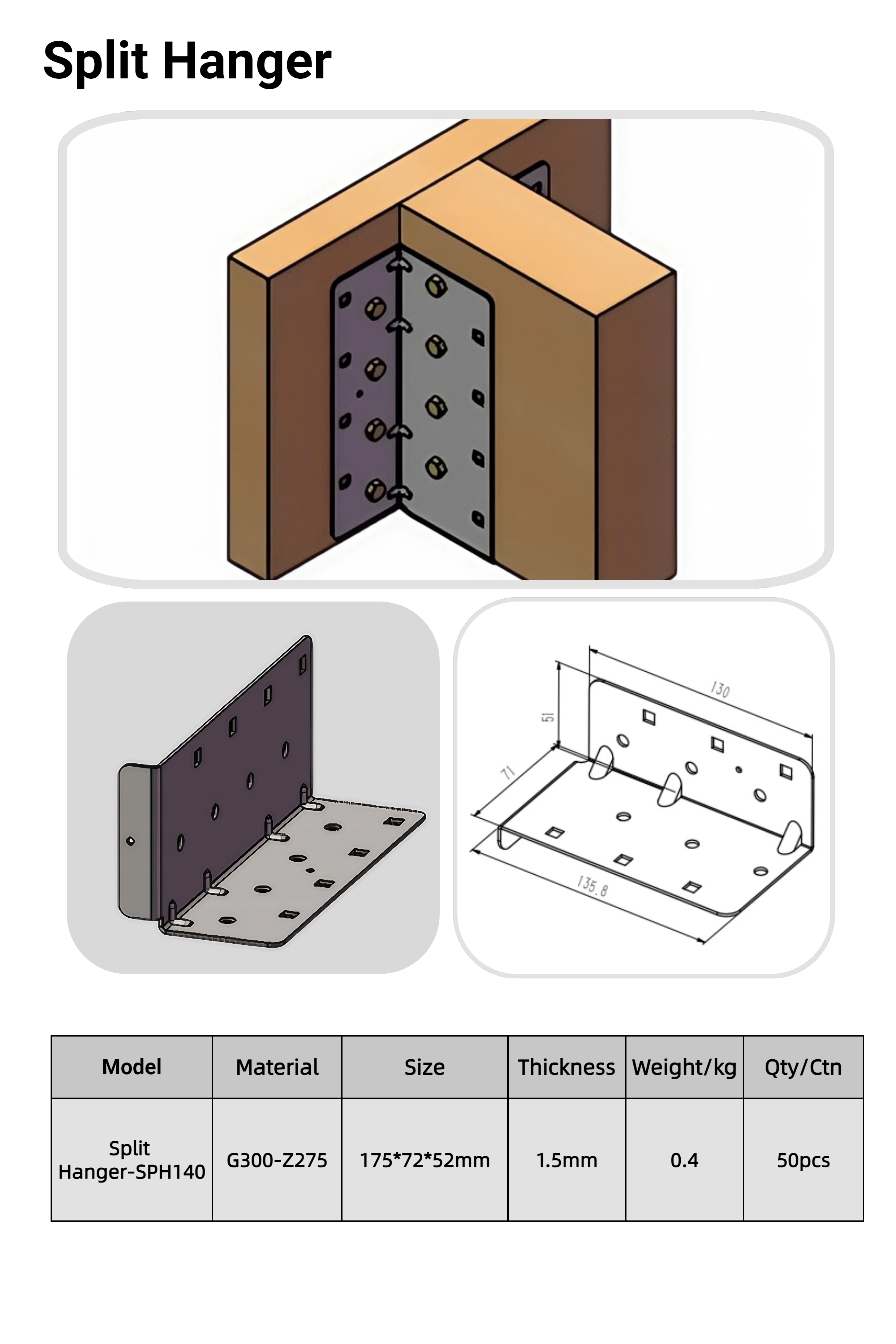 SPH140 Split Hanger, SPH140, SplitHanger, 140mm Split Hanger floor joist hanger, roof truss connector, deck joist support, timber framing hardware, structural connector