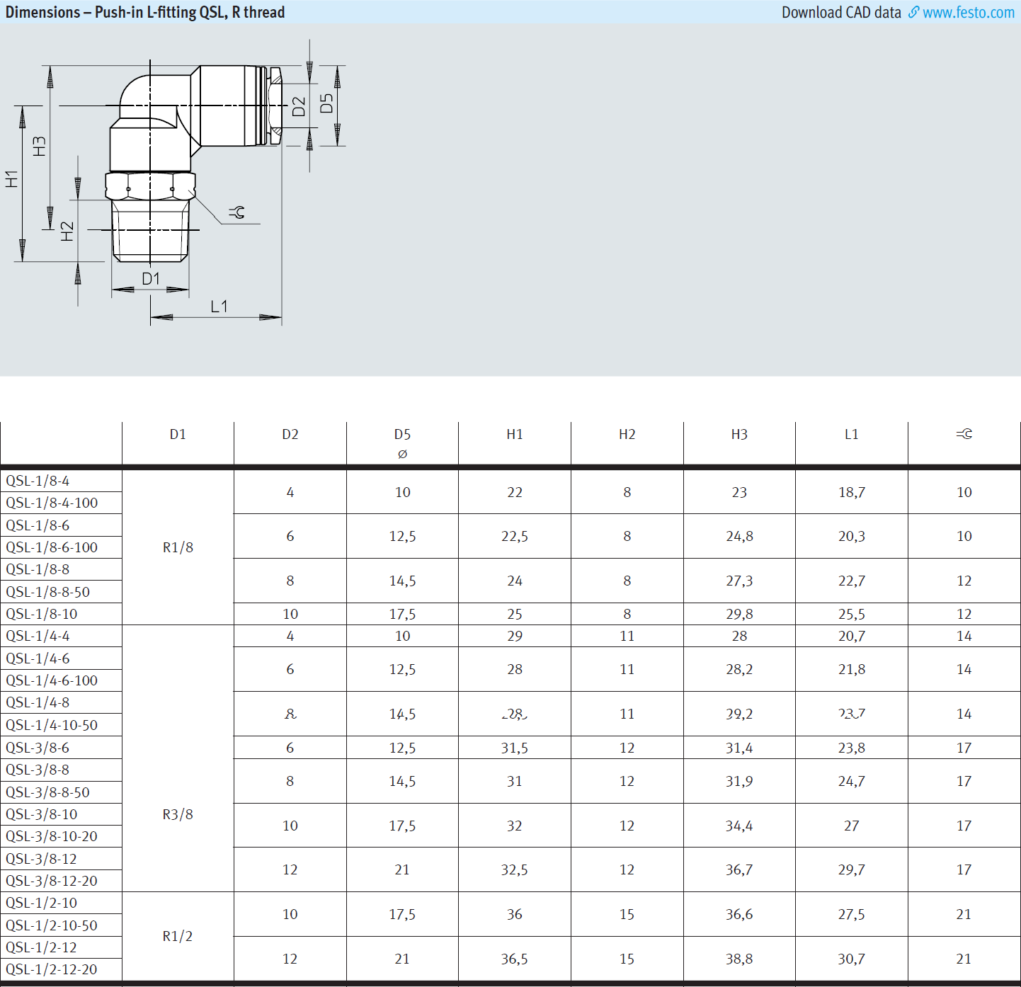 QSL-1/8-4 QSL-1/8-4-100 QSL-1/8-6 QSL-1/8-6-100 Festo QSL Series Push-in L-Fitting
