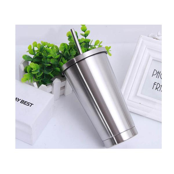 500ml 304 Stainless Steel Straw Cup , Creative Office Portable Straw Cups