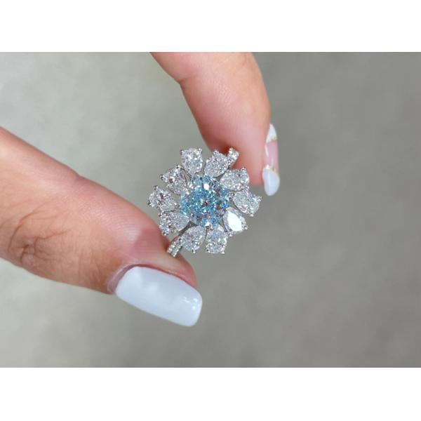 3.284ct Подушечный рез Sky Blue CVD Синтетические алмазные кольца Luxury 18K White Gold Set