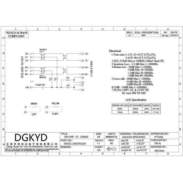 Женщина 8P8C RJ45 одиночная гаван до соединитель DGKYD111B002FA2A1D RJ45 отверстия с трансформатором