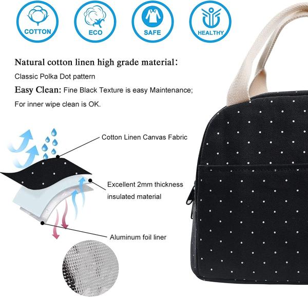 Armazenamento Dot Black Lunch Tote Bag das mulheres das meninas à prova de choque para a escola do trabalho