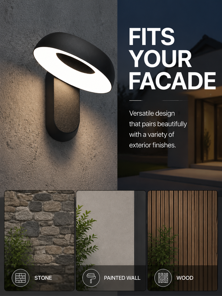 12W Outdoor Porch Lights Wall Mount Adjustable Halo 3000K For Entrances Architectural Facades