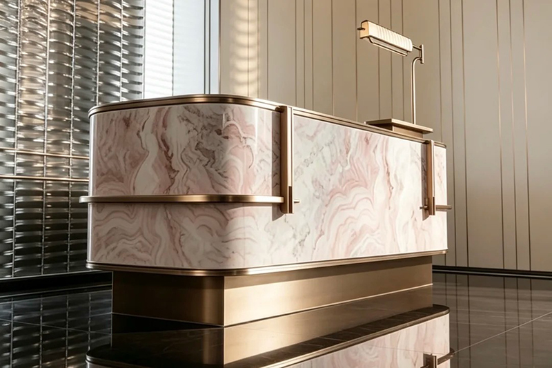 Luxury Pink Onyx Marble Reception Desk with Bronze Metal Trim and Curved Design for Salon Front Counter