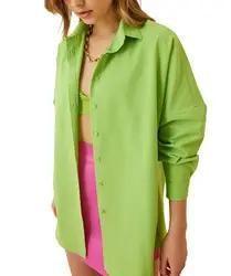                  Factory Support Custom Women′s Long-Sleeved Shirts Solid Color Button-Down Shirts Loose Casual             