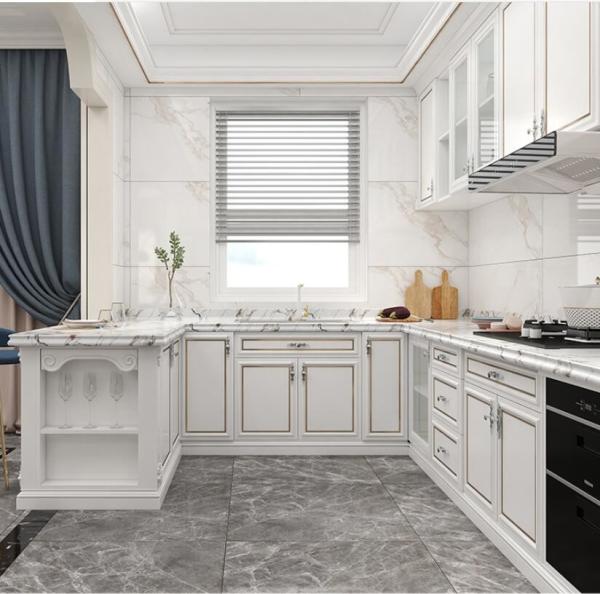 Contemporâneo de alto brilho branco dos armários de cozinha da madeira maciça do painel de 1.8cm com punho do metal