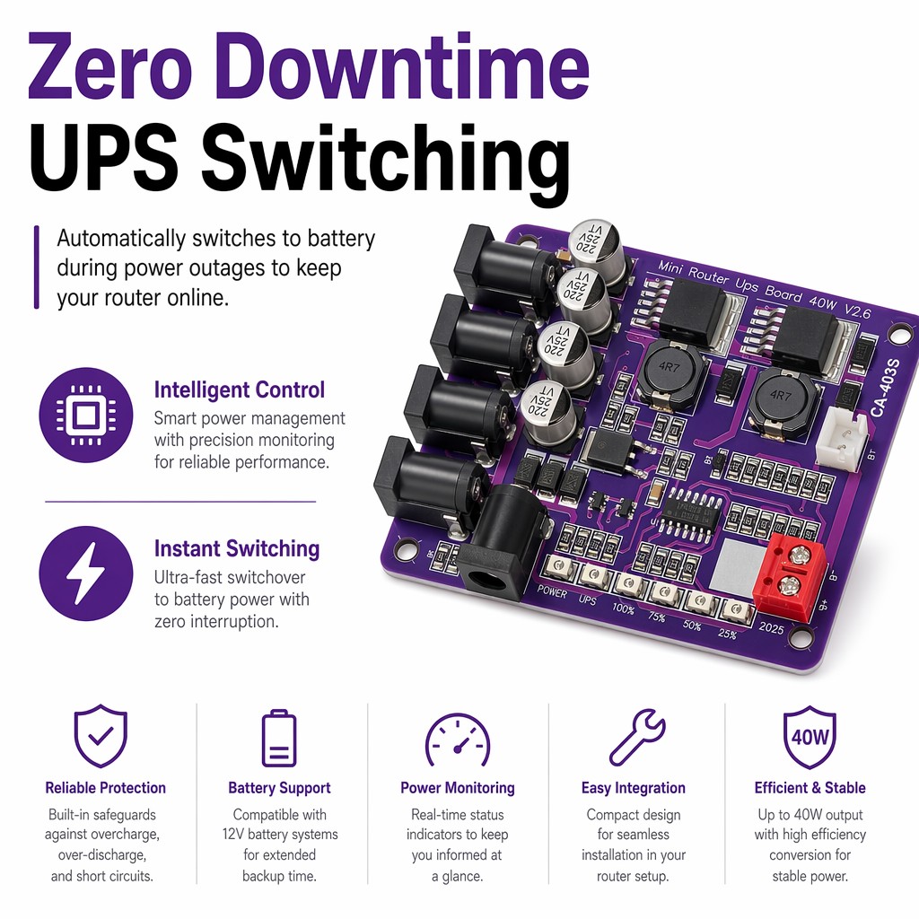 CA-403S 40W Mini Router UPS Board V2.6 11.1V 3S Lithium Battery Charging Module for DIY Uninterruptible Power Supply Backup