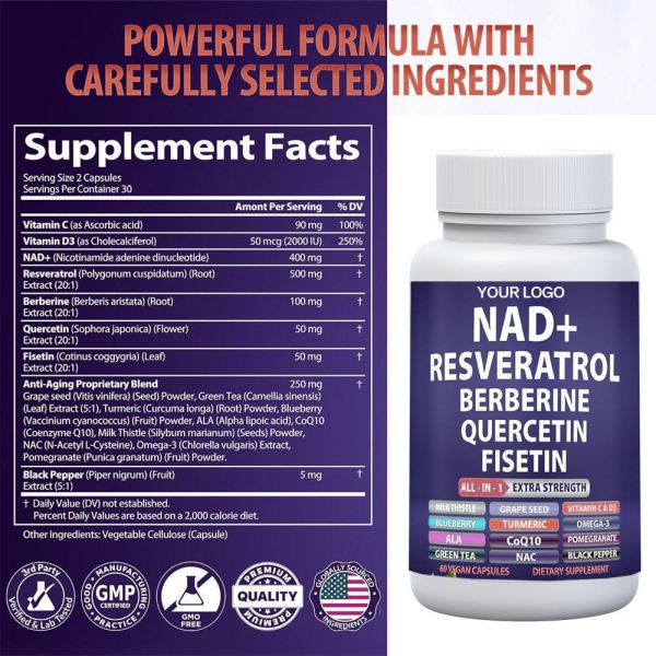 Customizable Formula High-Potency NAD+ Vegan Capsules Vitamin Supplement for Metabolic Support