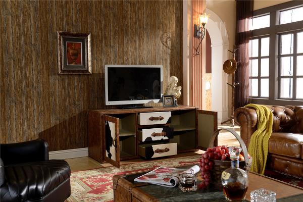 Vintage Milk Cow Leather TV Stand Plywood Frame With Buffer Guide Drawers