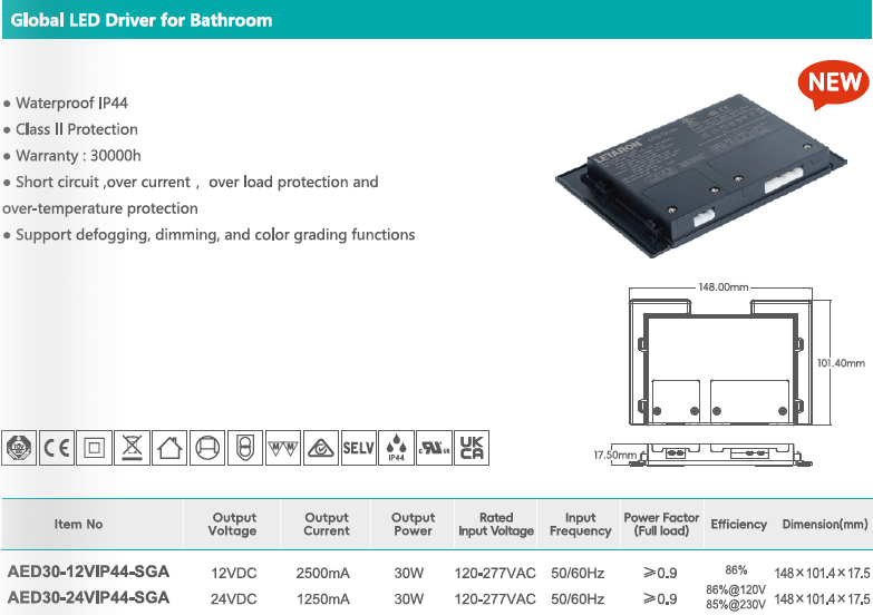 Wide Input 12V 24V 30W to 90W Defogging LED Driver for Bathroom with CE UL Certificate