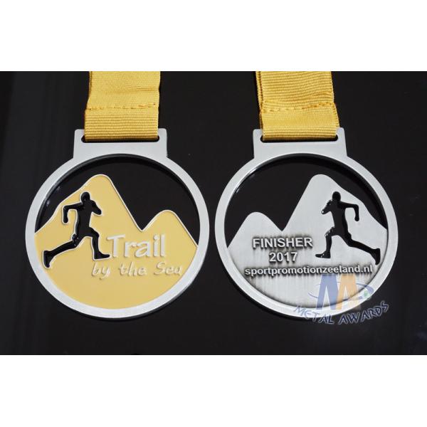 Cut Out Design Custom Award Medals , Personalised Medals With Yellow Ribbon