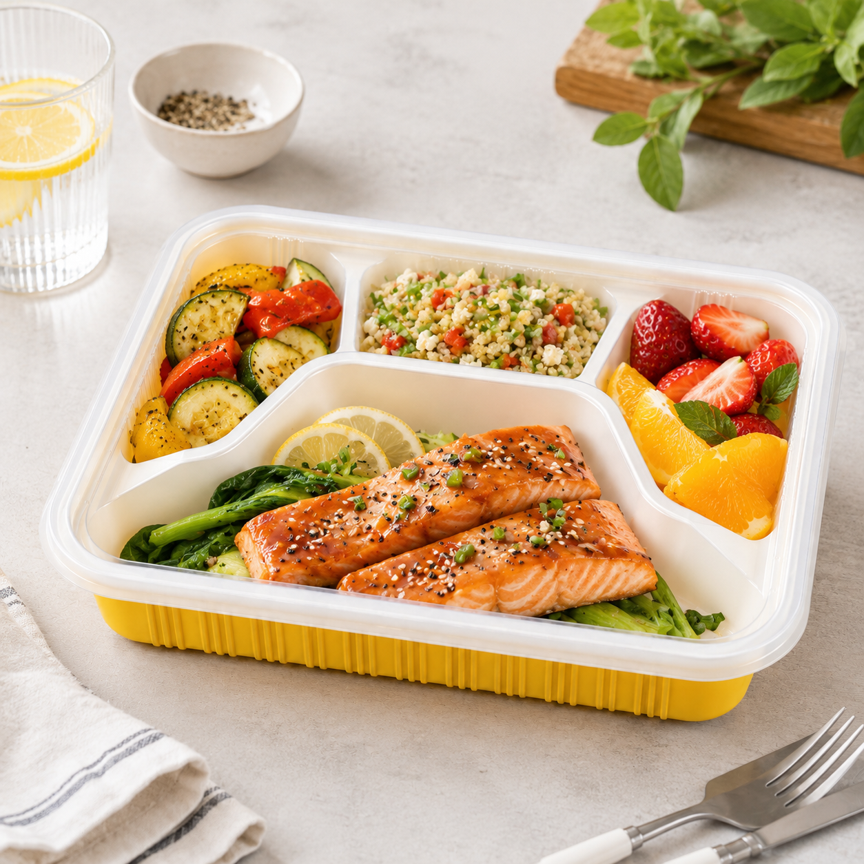 Yellow Multi Compartment Trays Four Section PP Food Tray for Catering Portion Control