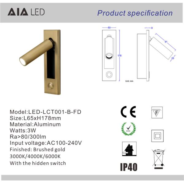 Contemporary embedded mounted Gold Brushed led wall lamps 3W led wall light led reading bedside wall light