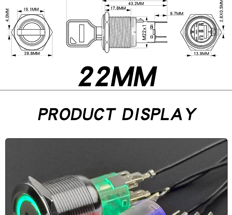 YZ-YSN-D Metal Key/knob IP65 Home Appliance Switch 16/19/22mm Self-Locking 1NO1NC/2NO2NC 220VAC Ring Illuminated LED 2/3