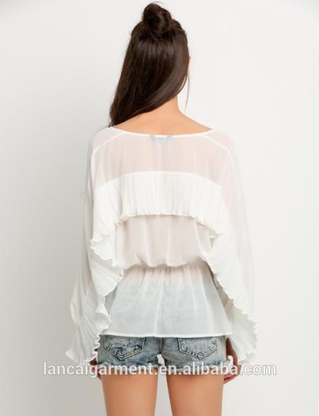 New Design Women Bat wing Long Sleeve Elastic Waist Ruffles Sheer Blouse Tops11