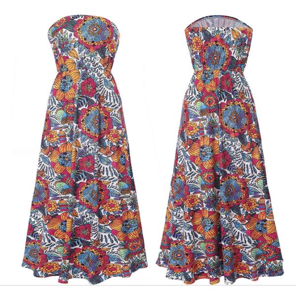 European-style fashion strapless printed long billowing skirt maxi sexy dress