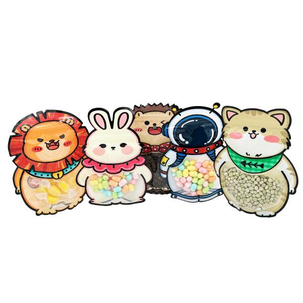 Custom Design Animal Shape Stand Up Pouches with Zipper Clear Window for Kid Snack, Dry Food, Candy, Cookies Packaging