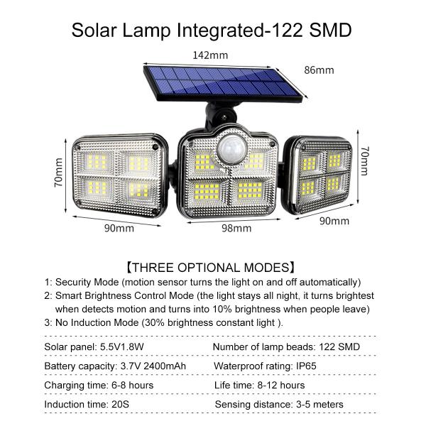 6500K 1.8W Outdoor LED Solar Lamp 270 Wide Angle 3.7V 2400mah
