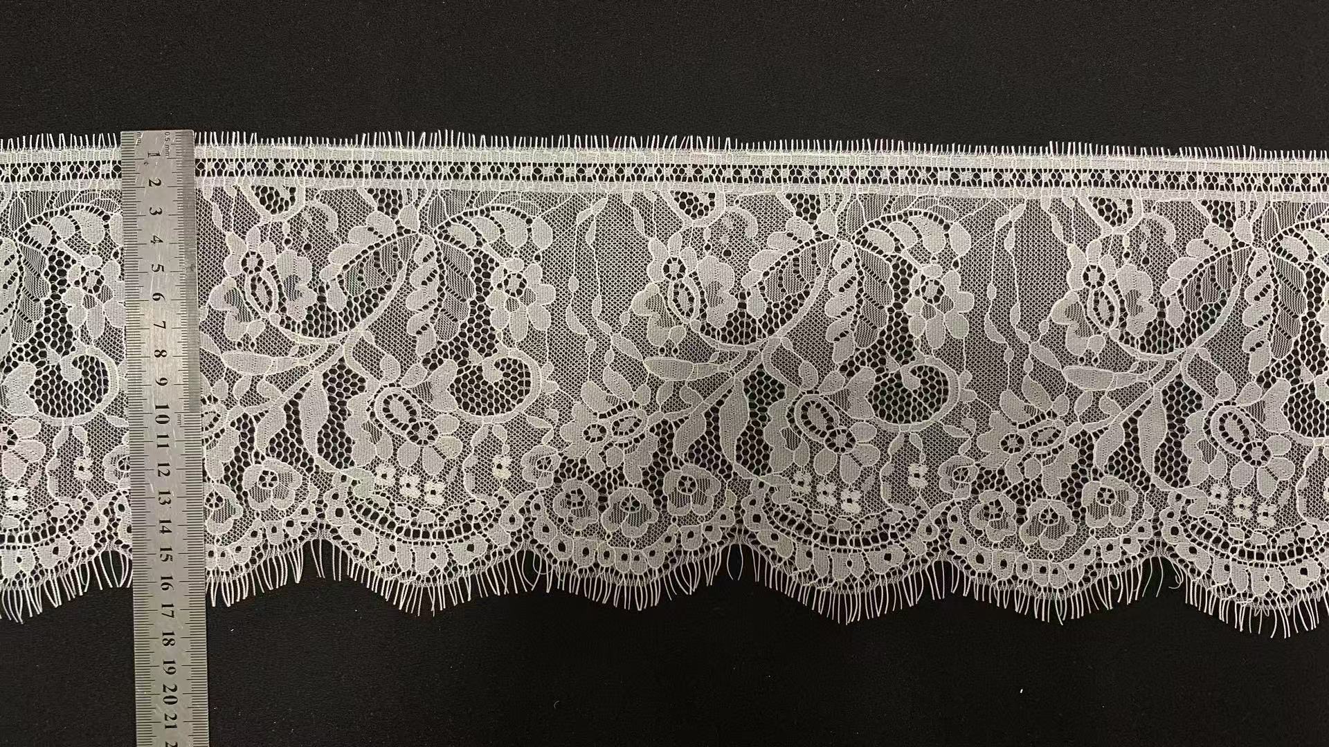 Bulk Supply Pure Nylon Eyelash Lace Trim with 17cm Width and Hollow Floral Pattern for Formal Dress Decoration