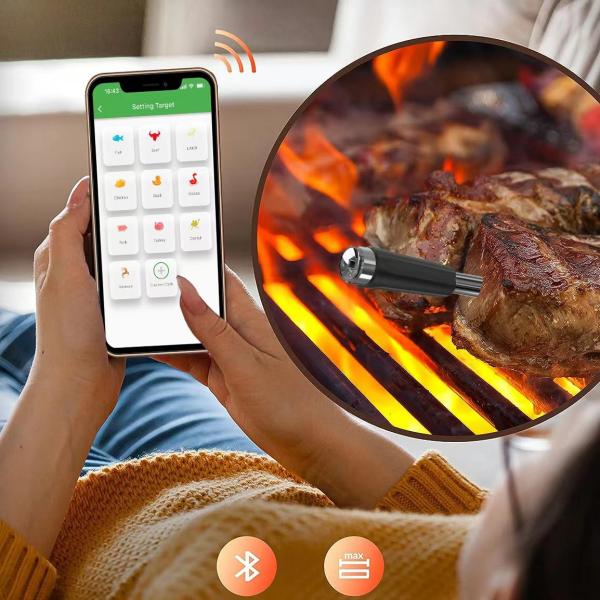 Long distance 150m Remote Smart Bbq  Thermometer Instant Read Digital Bluetooth 5.0 Wireless Meat Thermometer 10 Modes  Meat Thermometer