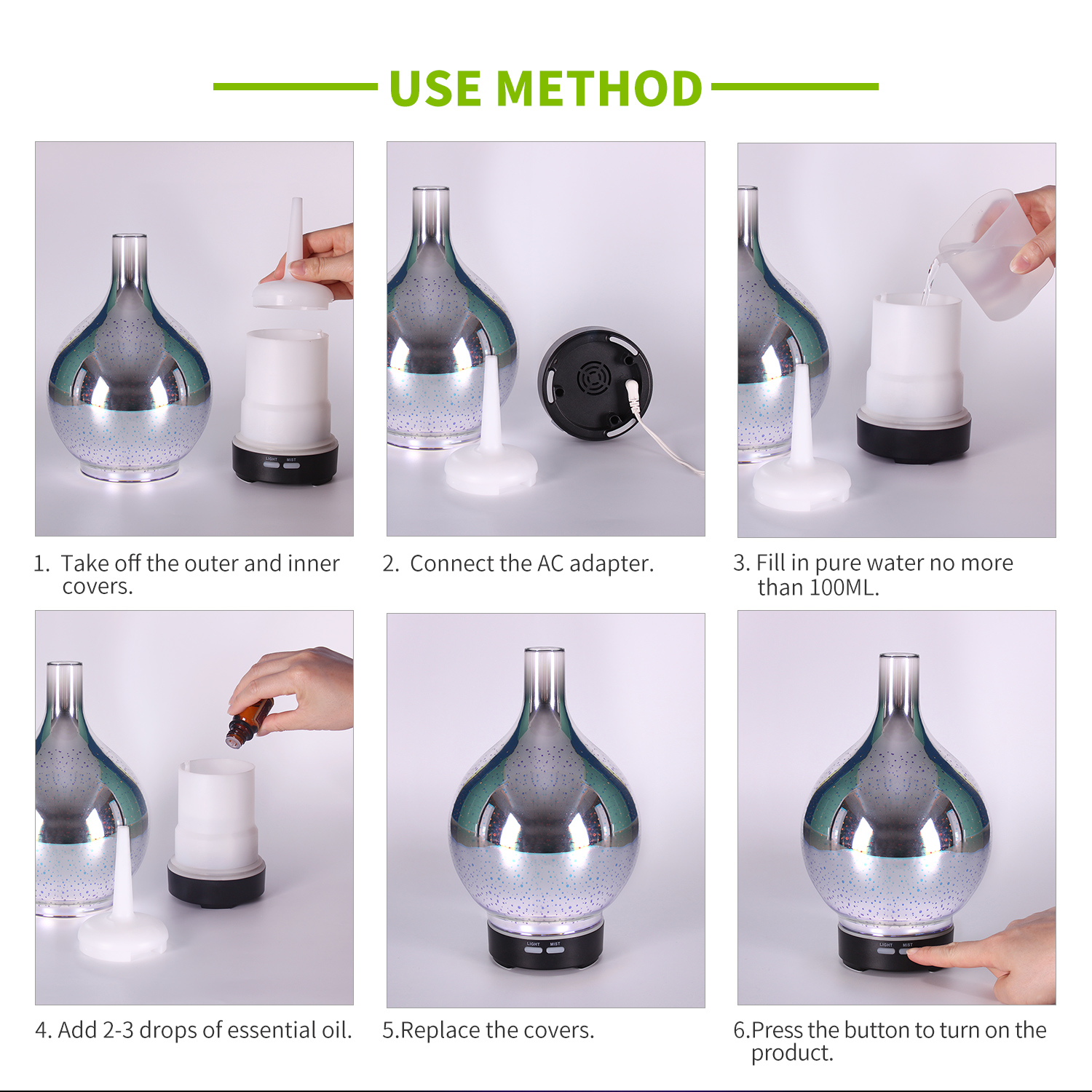 3D Glass Bottle Firework Night Light LED Ultrasonic Aromatherapy Essential Oil Diffuser for Household Aroma Humidifier