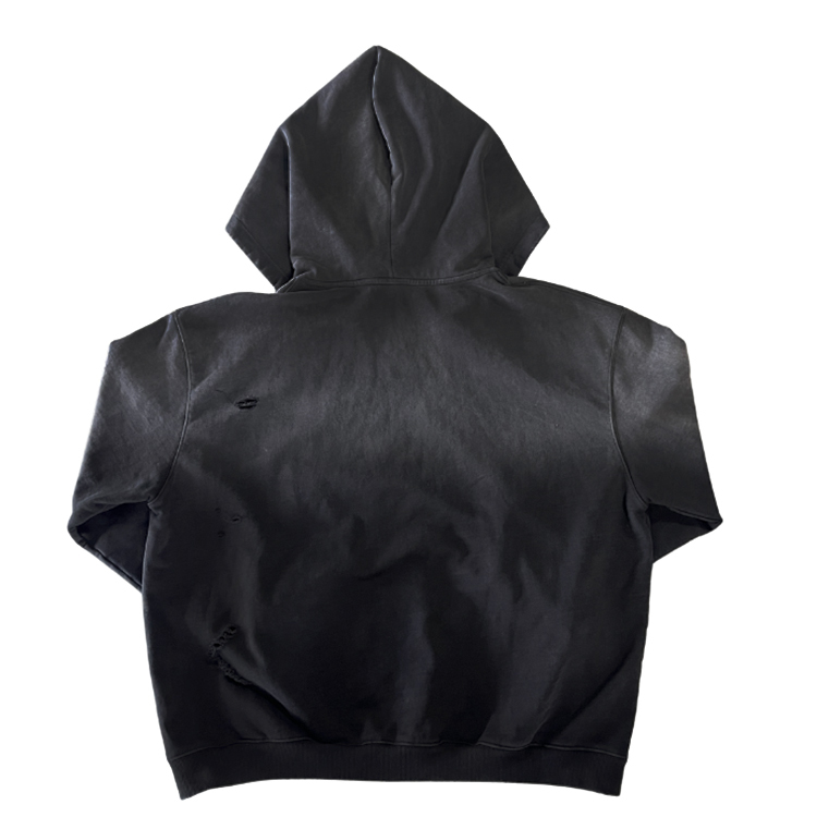 A513 Chiying Vintage Acid Wash Distressed Hole Pullover Hoodie Men Oversized Washed Black Streetwear Hooded Sweatshirt 