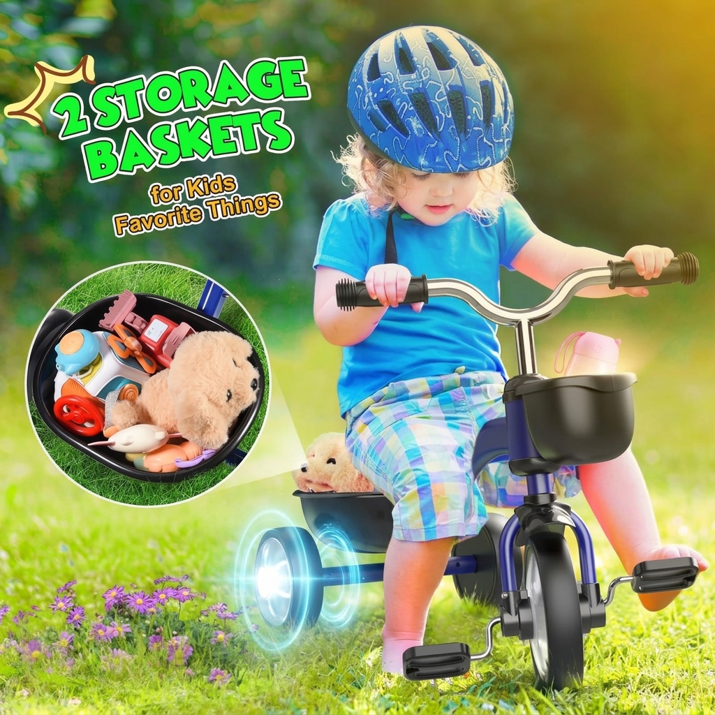 Anti Tipping Childrens Tricycle 45 Degree Limited Steering with Magnetic Light