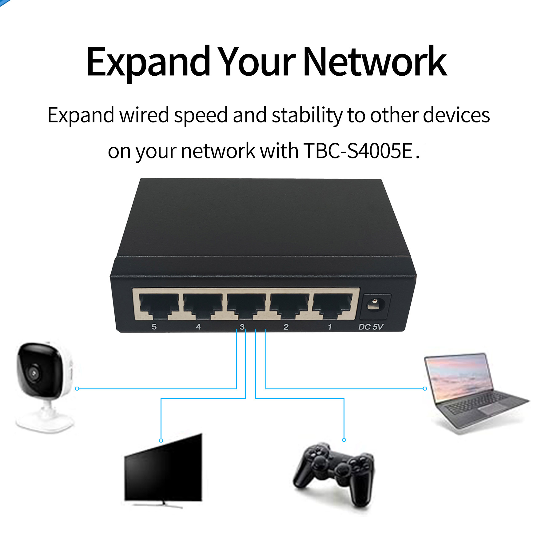 5 Port 10/100Mbps Fast Ethernet Switch Unmanaged Desktop Network Switch Metal Case Plug and Play External 5V Power Adapter TBC-S4005E